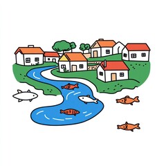 Cartoon illustration of a village along a winding river with stylized fish swimming