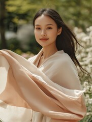 A woman is holding a scarf with a pattern of brown and white