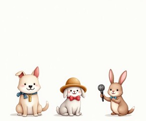 Cute Cartoon Animals with Bow Ties and Accessories in a Fun and Playful Style