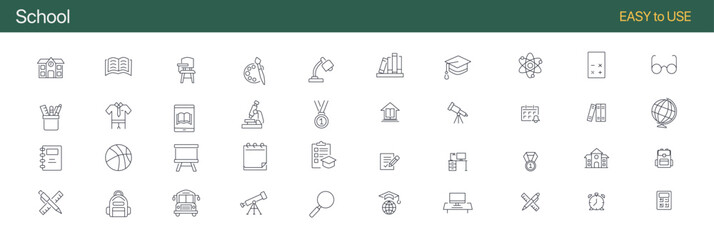 Complete School Tools Line Icons Pack — Minimal Linear Style Vector Set of Stationery, Backpack, Book, Ruler, Pencil, and More | Editable for UI/UX, Web, App, Print

