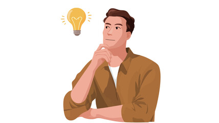 A digital illustration of a young man with brown hair, wearing a mustard-yellow shirt, sitting with his hand on his chin, looking upwards in contemplation.  A glowing yellow lightbulb is depicted