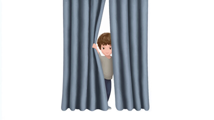 Digital illustration of a young boy with brown hair peeking from behind a pair of light-blue curtains. The boy is depicted in a cartoonish style with simple features and rounded lines. 