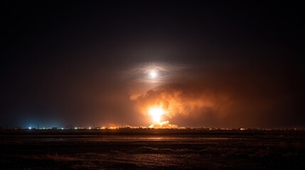 Nighttime Blaze Huge Fire Explosion Dramatic Sky Orange Flames Moonlit Landscape