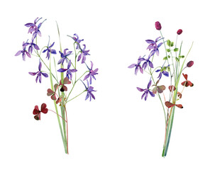Watercolor blue bouquets of wild flowers