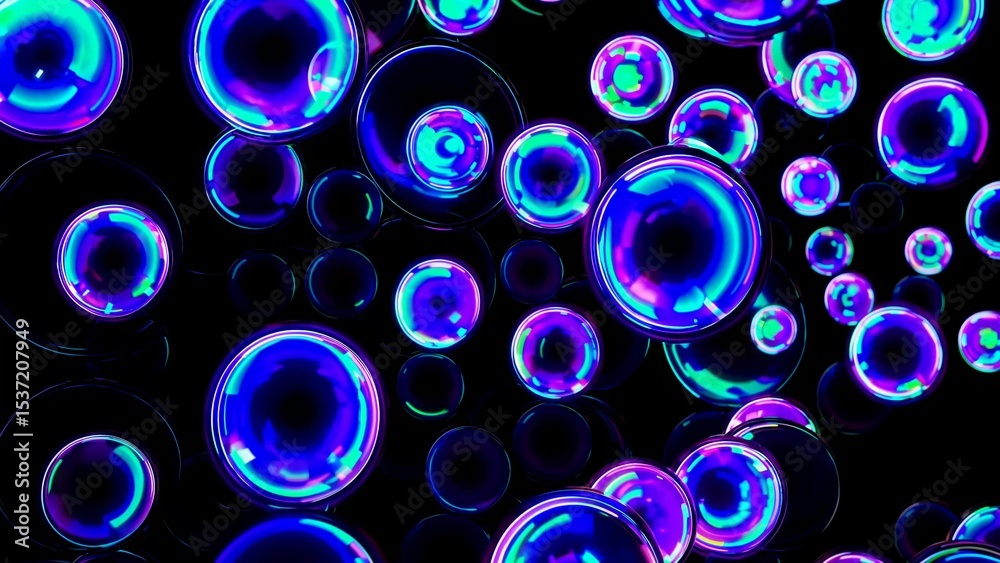Wall mural many neon bubbles are floating and glowing creating a colorful and vibrant atmosphere on a black bac