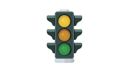 Close-up studio shot of a miniature traffic light against a white background. The traffic light is dark gray/black with three round lights: yellow (top), orange (middle), and green (bottom).