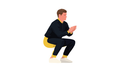 A vector illustration depicting a man in a low squat position. He is wearing a black long-sleeved shirt and yellow-accented black pants. His hands are clasped in front of him. The style is simple,