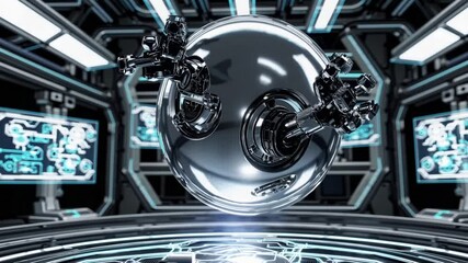 Futuristic Drone in High-Tech Chamber: A sleek, metallic drone hovers within a futuristic chamber, its design reflecting advanced technology and precision engineering. - Powered by Adobe