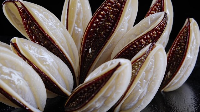 Close-up view of entada gigas seeds, or sea beans, highlighting their unique brown and white patterns and intricate textures against a dark background