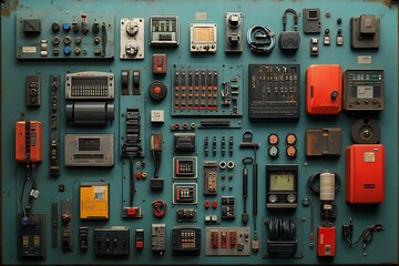 Collection of various retro industrial electronics components arranged on blue surface
