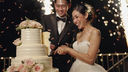 happy asian newlyweds man and woman cutting wedding cake, night fireworks, cheerful guests nearby