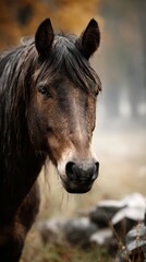 Obraz premium Majestic brown horse with flowing mane in a misty forest during autumn time