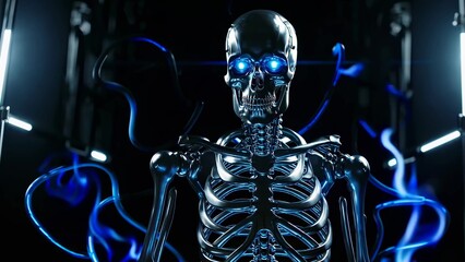 Metallic skeleton with glowing blue eyes rising from darkness, enveloped in blue energy trails, creating a futuristic and eerie atmosphere ideal for sci-fi and horror themes