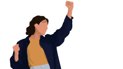 A minimalist vector illustration depicting a woman with short brown hair, wearing a dark blue jacket over a mustard yellow top and light-colored bottom.  The woman is shown in profile view,