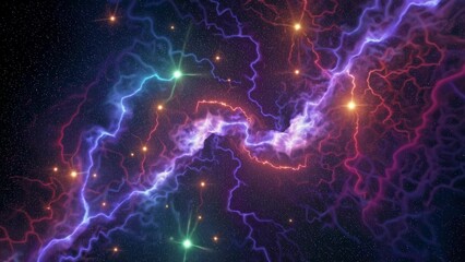 Obraz premium Colorful cosmic lightning is spreading through the dark universe with bright stars and nebulas, creating a breathtaking spectacle of energy and light