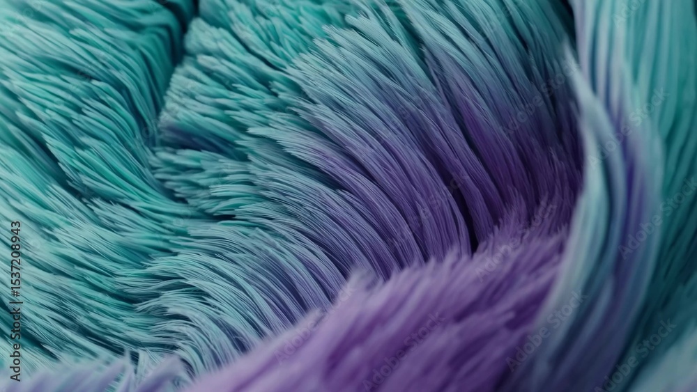 Poster turquoise and purple fur is flowing, creating an abstract pattern with smooth lines and textures, pe