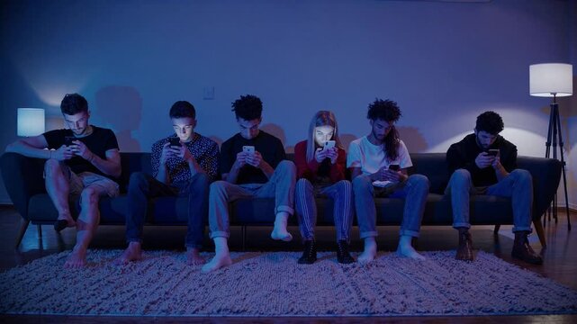 Digital Dependence: A gathering of youths, illuminated by the cold glow of their smartphones, fixated on their screens while seated on a couch, signifying modern digital addiction and technology.