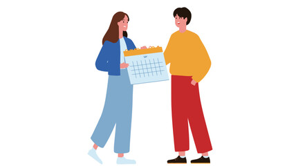 The image is a digital illustration depicting a young man and woman standing facing each other. The woman is holding a large, brightly colored calendar.  Both figures are illustrated in a