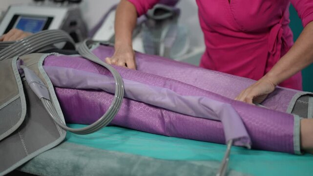 Close-up of professional cosmetologist adjusting compression sleeves on woman legs. Setup phase of lymphatic drainage pressotherapy in aesthetic clinic.
