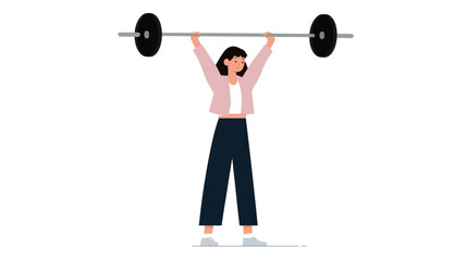 A vector illustration depicts a young woman with dark hair, wearing a pink jacket and dark pants, lifting a barbell overhead.  The style is flat and cartoonish, with simple lines and minimal