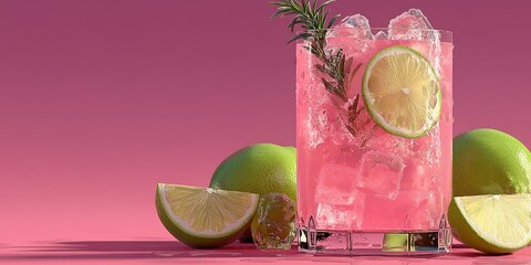Refreshing pink cocktail with lime slices and ice on a vibrant pink background