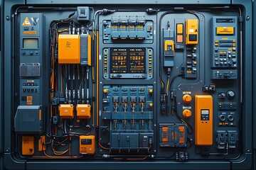 Futuristic control panel displaying complex instrumentation with wires and electronic components
