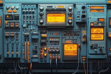 Detailed view of a complex control panel with illuminated displays and control elements.