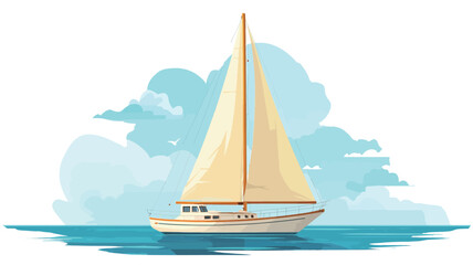 A vector illustration depicting a sailboat with beige sails and a white hull floating on a calm sea. The background features a stylized watercolor-like effect of light blue and white, 