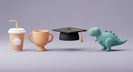 Fototapeta premium Dinosaur with Graduation Cap, Cup, and Drink