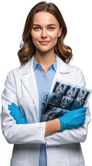 Radiant Professionalism: A confident doctor, radiating expertise and care, holds X-ray images with a warm, assuring smile, signifying a commitment to health and wellbeing.