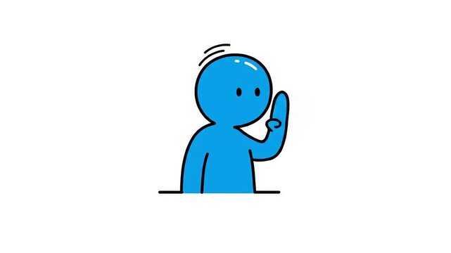 Cartoon character waving hello with a friendly gesture, set against a minimalist white background