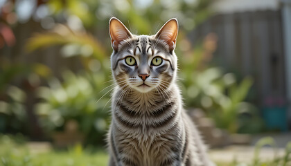 Obraz premium Majestic Gray Tabby Cat Portrait in Garden Setting