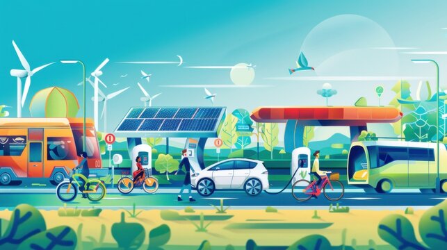 A conceptual illustration of a sustainable transportation network, with electric vehicles, bike-sharing stations