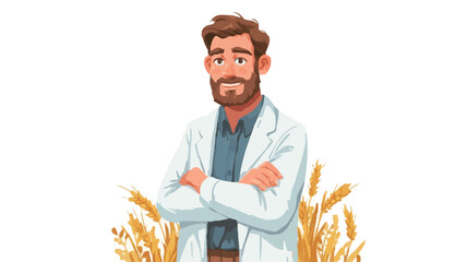 Digital illustration of a man with a beard, wearing a white lab coat, standing with arms crossed. He is depicted from the chest up against a background of stylized wheat stalks. 