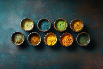 Vibrant Colorful Spices Bowls Top View Food Photography Background Herb Aroma Image Brown Green     