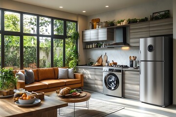 Bright and modern kitchen interior design featuring comfortable living room elements