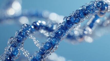 Close-up of a DNA double helix structure with blue and white beads