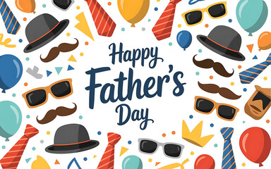 Happy Fathers Day Colorful Balloons Ties Hats Mustaches Sunglasses
