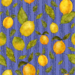 Pattern with lemons and lines. Endless texture on blue background. Print for home textile,women's wear, bed linen, decorative cushions, curtains, cosmetic packing.