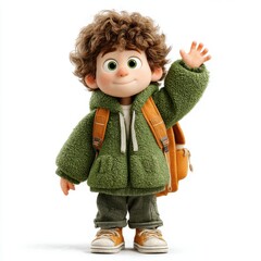 Smiling child character waves cheerfully in cozy outfit ready for adventure