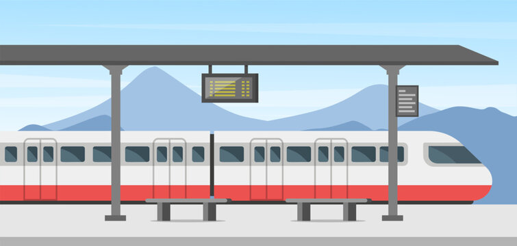 Fototapeta Empty railway station scene. Public train station concept. Vector stock