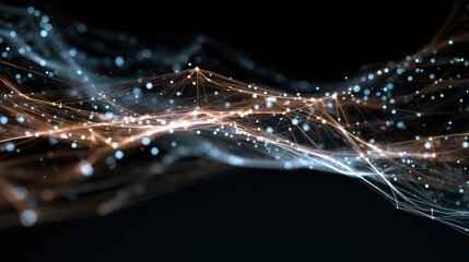 Abstract network of interconnected lines and glowing nodes against a dark background