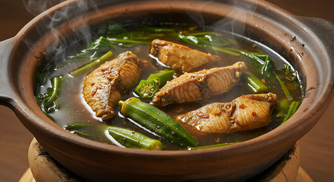 Filipino sinigang na isda. sour tamarind broth with floating fish chunks, okra and water spinach 