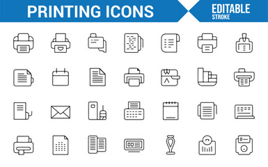 Icons for Printing, Office Equipment, and Document Processing in Editable Style