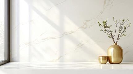 serene interior scene featuring smooth, neutral marble wall with elegant lighting. stylish vase with branches and smaller decorative bowl enhance