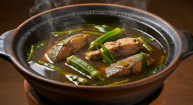 Filipino sinigang na isda. sour tamarind broth with floating fish chunks, okra and water spinach 