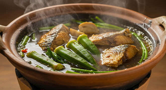 Filipino sinigang na isda. sour tamarind broth with floating fish chunks, okra and water spinach 