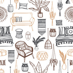 Hand-drawn furniture, lamps and plants for the home. Bohemian style interior design. Vector  seamless pattern