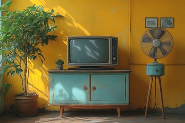 Rustic room scene featuring vintage television fan and potted plants against yellow wall