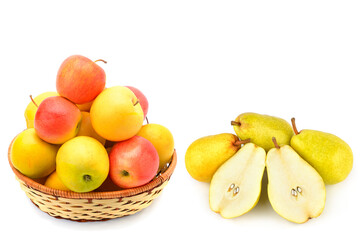 Ripe juicy pears and apples isolated on white background.
